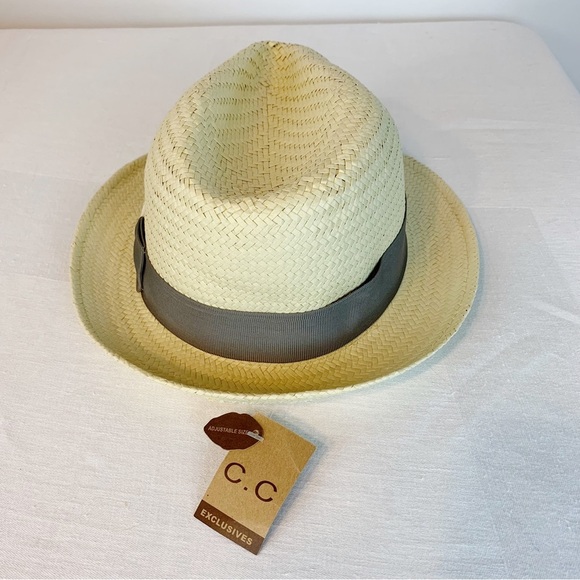 C.C. Exclusive Fedora Paper Hat with Grey Bow and Gold Logo - Picture 3 of 9
